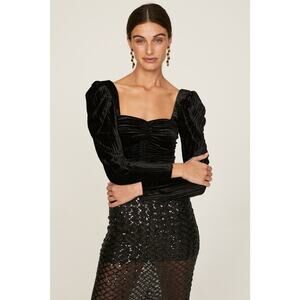 Jonathan Sinkhai Valerie Black Ruched Velvet Square Neck Long Sleeve Top Size XL